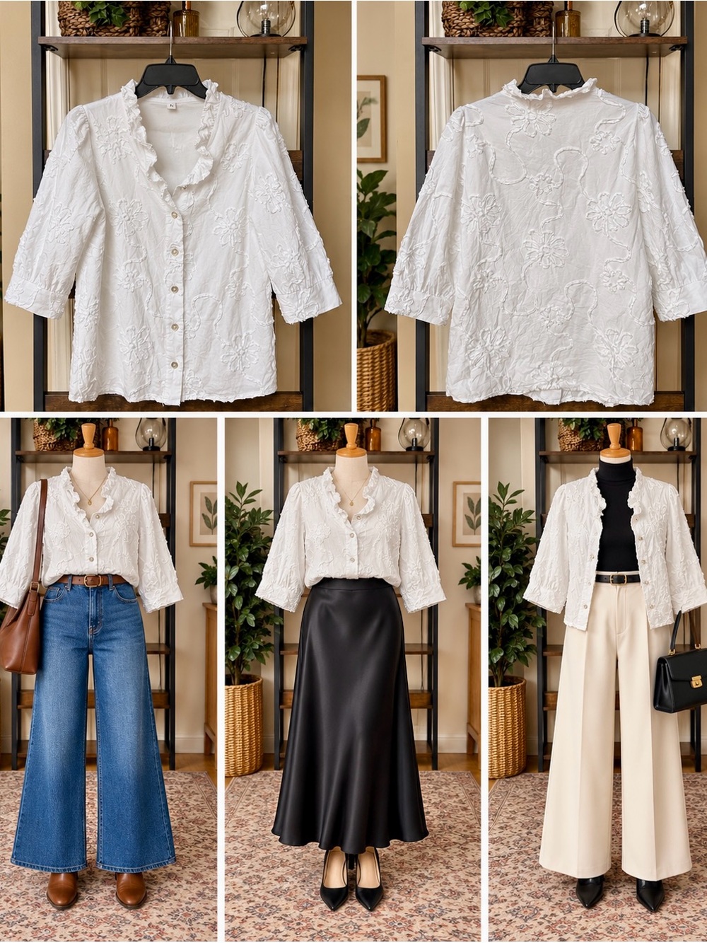 White Embroidered Ruffle Mother-of-Pearl Button-Front Top Boutique - Lined